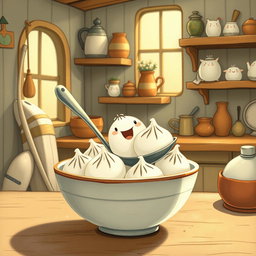 In a whimsical fairy tale kitchen, a cute spoon is joyfully nestled inside a bowl filled with several white sweet rice dumplings