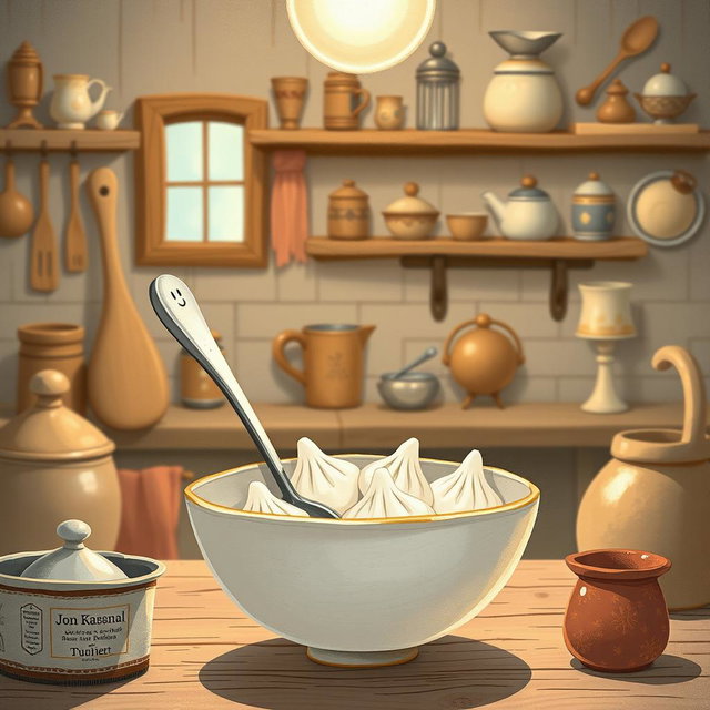 In a whimsical fairy tale kitchen, a cute spoon is joyfully nestled inside a bowl filled with several white sweet rice dumplings