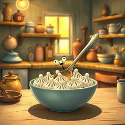 In a whimsical fairy tale kitchen, a cute spoon is joyfully nestled inside a bowl filled with several white sweet rice dumplings