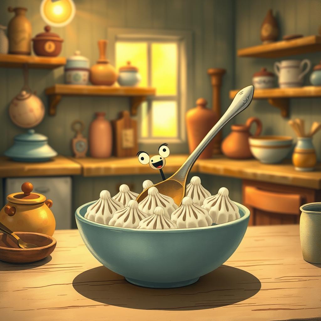 In a whimsical fairy tale kitchen, a cute spoon is joyfully nestled inside a bowl filled with several white sweet rice dumplings
