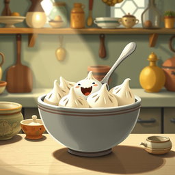 In a whimsical fairy tale kitchen, a cute spoon is joyfully nestled inside a bowl filled with several white sweet rice dumplings