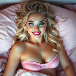 A sexy curvy blonde young woman lying in a cozy bed, wearing only tiny pink bikini underwear
