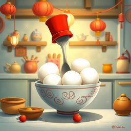 In a whimsical fairy tale kitchen, a spoon wearing a bright red top hat is placed charmingly inside a bowl filled with several white yuanxiao (glutinous rice balls), symbolizing the Lantern Festival