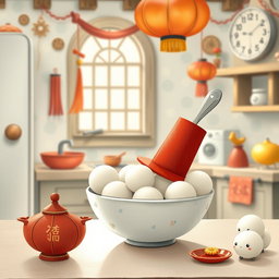 In a whimsical fairy tale kitchen, a spoon wearing a bright red top hat is placed charmingly inside a bowl filled with several white yuanxiao (glutinous rice balls), symbolizing the Lantern Festival