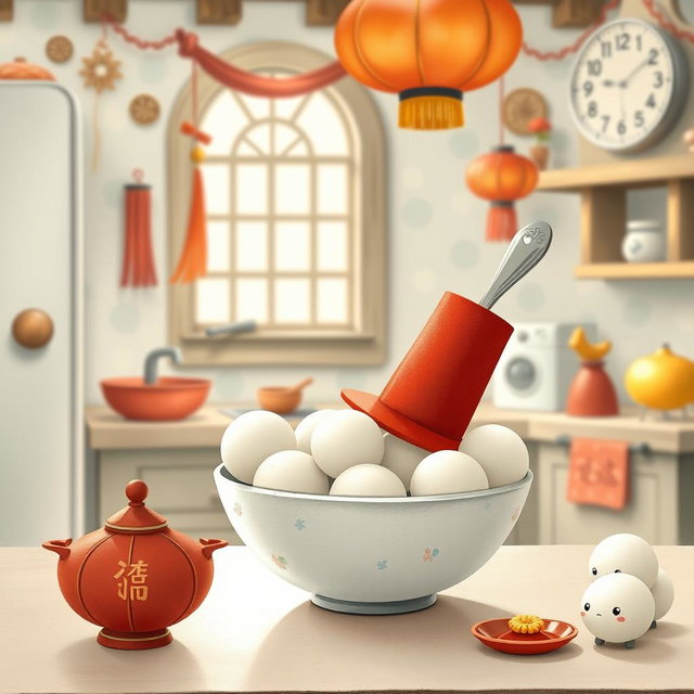 In a whimsical fairy tale kitchen, a spoon wearing a bright red top hat is placed charmingly inside a bowl filled with several white yuanxiao (glutinous rice balls), symbolizing the Lantern Festival