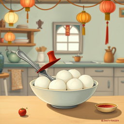 In a whimsical fairy tale kitchen, a spoon wearing a bright red top hat is placed charmingly inside a bowl filled with several white yuanxiao (glutinous rice balls), symbolizing the Lantern Festival