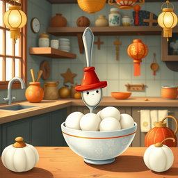In a whimsical fairy tale kitchen, a spoon wearing a bright red top hat is placed charmingly inside a bowl filled with several white yuanxiao (glutinous rice balls), symbolizing the Lantern Festival