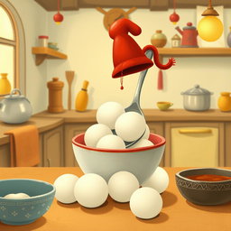 In a whimsical fairy tale kitchen, a spoon wearing a bright red hat is charmingly placed inside a bowl filled with several white yuanxiao (glutinous rice balls)