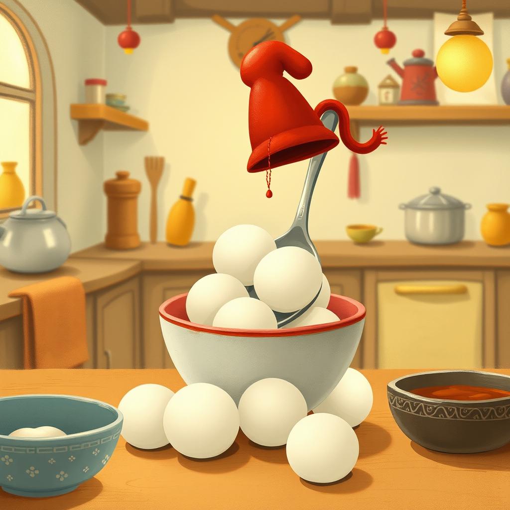 In a whimsical fairy tale kitchen, a spoon wearing a bright red hat is charmingly placed inside a bowl filled with several white yuanxiao (glutinous rice balls)