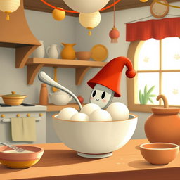 In a whimsical fairy tale kitchen, a spoon wearing a bright red hat is charmingly placed inside a bowl filled with several white yuanxiao (glutinous rice balls)