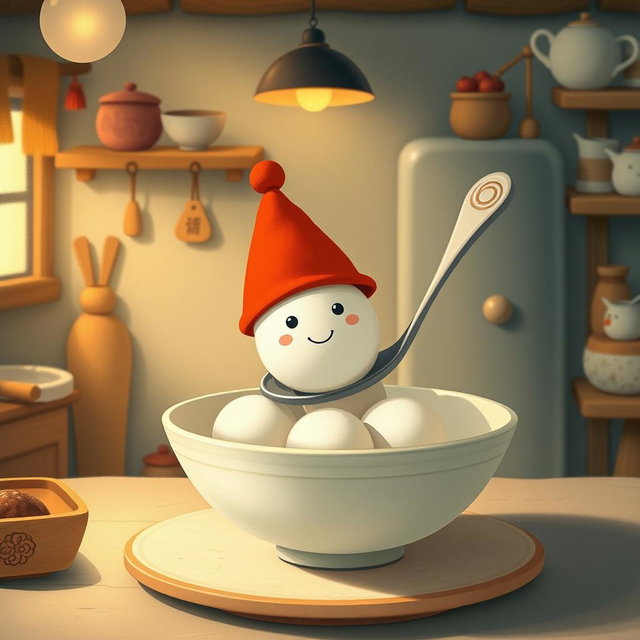 In a whimsical fairy tale kitchen, a spoon wearing a bright red hat is charmingly placed inside a bowl filled with several white yuanxiao (glutinous rice balls)