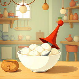 In a whimsical fairy tale kitchen, a spoon wearing a bright red hat is charmingly placed inside a bowl filled with several white yuanxiao (glutinous rice balls)