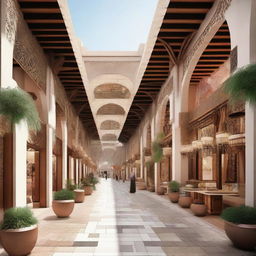 Architectural design of a traditional souq with a central axis. The souq features regional architecture, bustling vendors, and an intricate pathway lined with vibrant stalls.