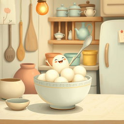 In a whimsical fairy tale kitchen, a cute little spoon character is joyfully standing inside a bowl filled with several white yuanxiao (glutinous rice balls)