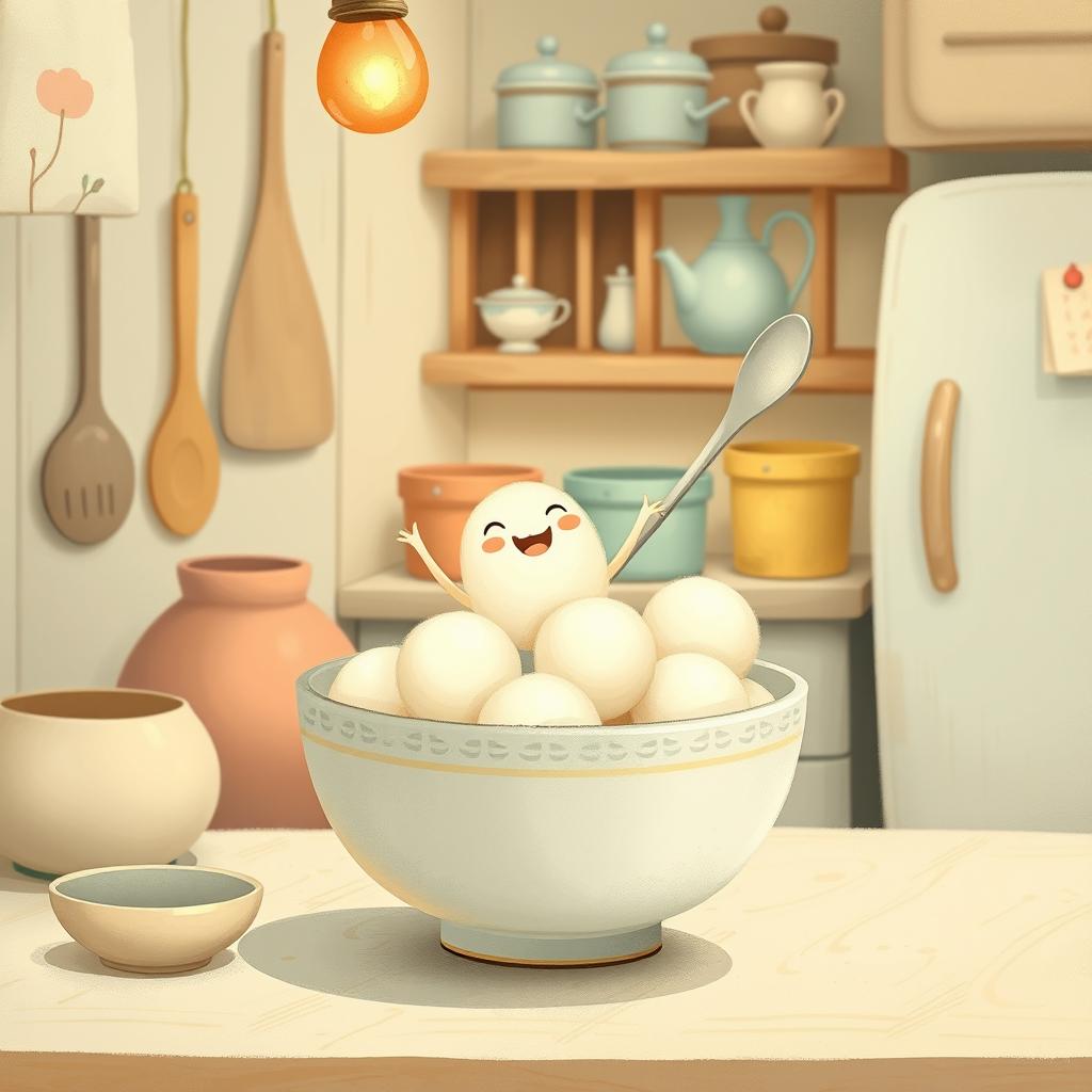 In a whimsical fairy tale kitchen, a cute little spoon character is joyfully standing inside a bowl filled with several white yuanxiao (glutinous rice balls)