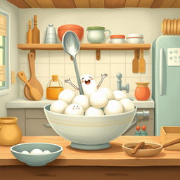In a whimsical fairy tale kitchen, a cute little spoon character is joyfully standing inside a bowl filled with several white yuanxiao (glutinous rice balls)