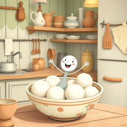 In a whimsical fairy tale kitchen, a cute little spoon character is joyfully standing inside a bowl filled with several white yuanxiao (glutinous rice balls)