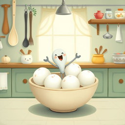 In a whimsical fairy tale kitchen, a cute little spoon character is joyfully standing inside a bowl filled with several white yuanxiao (glutinous rice balls)