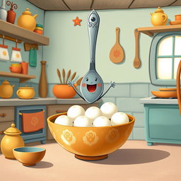 In a whimsical fairy tale kitchen, a spoon-shaped little character stands joyfully inside a bowl filled with several white yuanxiao (glutinous rice balls)