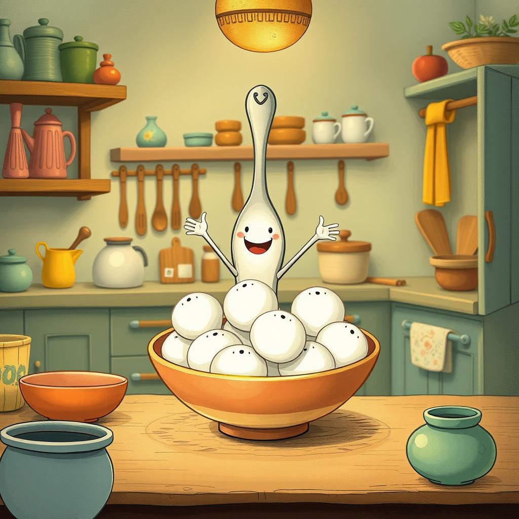 In a whimsical fairy tale kitchen, a spoon-shaped little character stands joyfully inside a bowl filled with several white yuanxiao (glutinous rice balls)