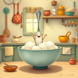 In a whimsical fairy tale kitchen, a spoon-shaped little character stands joyfully inside a bowl filled with several white yuanxiao (glutinous rice balls)