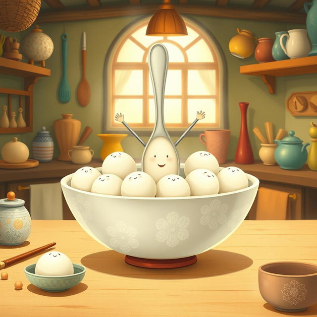 In a whimsical fairy tale kitchen, a spoon-shaped little character stands joyfully inside a bowl filled with several white yuanxiao (glutinous rice balls)