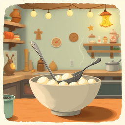In a whimsical fairy tale kitchen, a spoon wearing a tall hat is playfully swimming in a bowl filled with yuanxiao (glutinous rice balls)