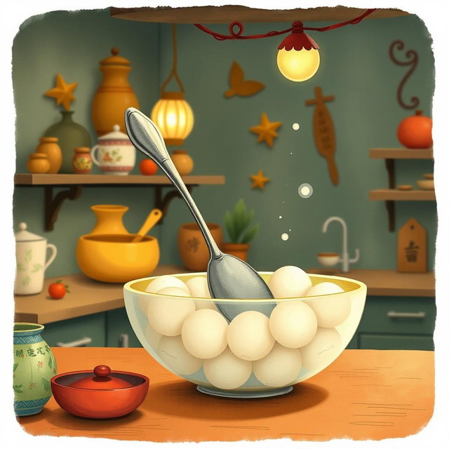 In a whimsical fairy tale kitchen, a spoon wearing a tall hat is playfully swimming in a bowl filled with yuanxiao (glutinous rice balls)