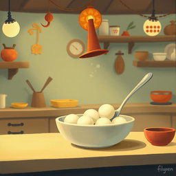 In a whimsical fairy tale kitchen, a spoon wearing a tall hat is playfully swimming in a bowl filled with yuanxiao (glutinous rice balls)