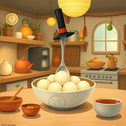 In a whimsical fairy tale kitchen, a spoon wearing a tall hat is playfully swimming in a bowl filled with yuanxiao (glutinous rice balls)