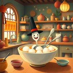 In a whimsical fairy tale kitchen, a spoon wearing a tall hat is cheerfully swimming in a bowl filled with yuanxiao (glutinous rice balls)