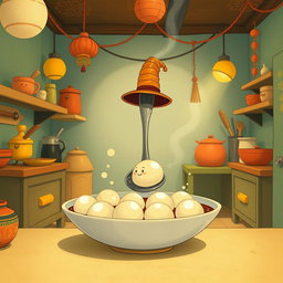 In a whimsical fairy tale kitchen, a spoon wearing a tall hat is cheerfully swimming in a bowl filled with yuanxiao (glutinous rice balls)