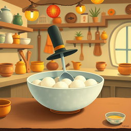 In a whimsical fairy tale kitchen, a spoon wearing a tall hat is cheerfully swimming in a bowl filled with yuanxiao (glutinous rice balls)