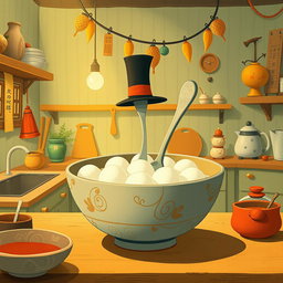 In a whimsical fairy tale kitchen, a spoon wearing a tall hat is cheerfully swimming in a bowl filled with yuanxiao (glutinous rice balls)