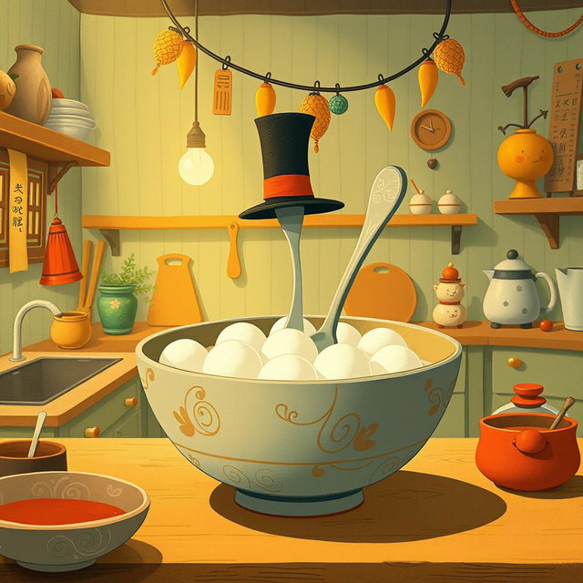 In a whimsical fairy tale kitchen, a spoon wearing a tall hat is cheerfully swimming in a bowl filled with yuanxiao (glutinous rice balls)