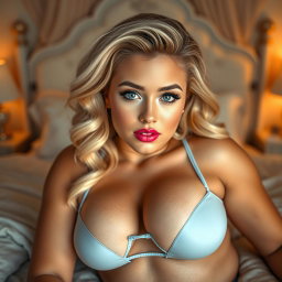 A sexy curvy blonde young woman lying in a beautifully styled bedroom, wearing only tiny light blue bikini underwear