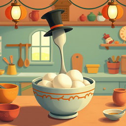 In a whimsical fairy tale kitchen, a spoon adorned with a tall hat is nestled inside a bowl filled with yuanxiao (glutinous rice balls)