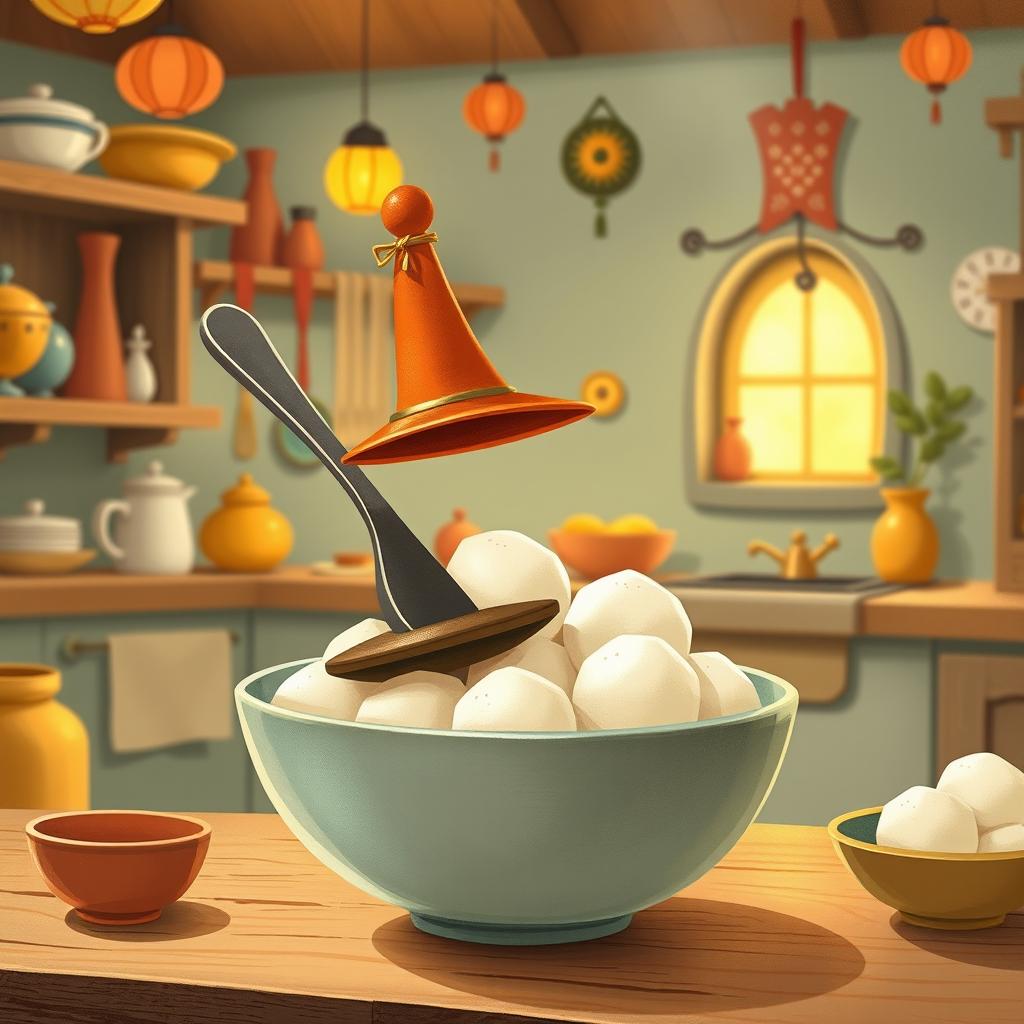 In a whimsical fairy tale kitchen, a spoon adorned with a tall hat is nestled inside a bowl filled with yuanxiao (glutinous rice balls)
