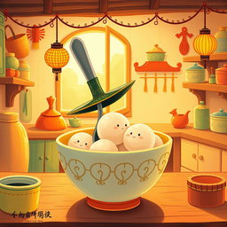 In a whimsical fairy tale kitchen, a spoon adorned with a tall hat is nestled inside a bowl filled with yuanxiao (glutinous rice balls)