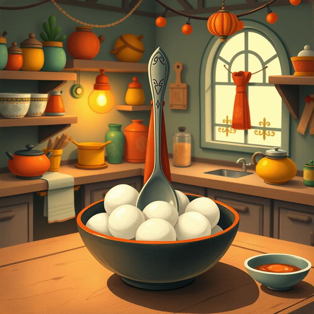 In a whimsical fairy tale kitchen, a spoon adorned with a tall hat is nestled inside a bowl filled with yuanxiao (glutinous rice balls)