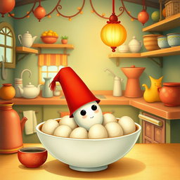 In a whimsical fairy tale kitchen, a tiny spoon character wearing a bright red tall hat is playfully situated inside a bowl filled with yuanxiao (glutinous rice balls)