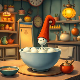 In a whimsical fairy tale kitchen, a tiny spoon character wearing a bright red tall hat is playfully situated inside a bowl filled with yuanxiao (glutinous rice balls)