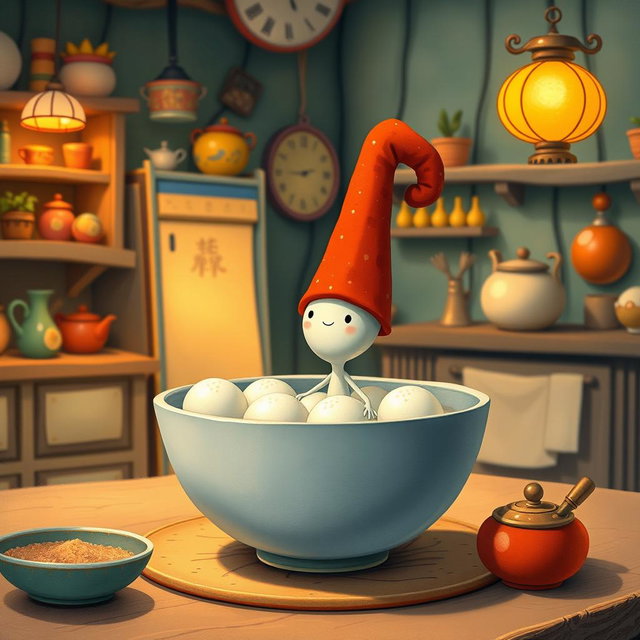 In a whimsical fairy tale kitchen, a tiny spoon character wearing a bright red tall hat is playfully situated inside a bowl filled with yuanxiao (glutinous rice balls)