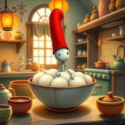 In a whimsical fairy tale kitchen, a tiny spoon character wearing a bright red tall hat is playfully situated inside a bowl filled with yuanxiao (glutinous rice balls)