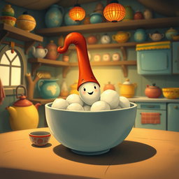 In a whimsical fairy tale kitchen, a tiny spoon character wearing a bright red tall hat is playfully situated inside a bowl filled with yuanxiao (glutinous rice balls)