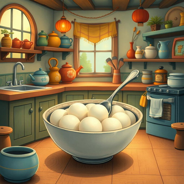 In a whimsical fairy tale kitchen, a tiny spoon character is playfully situated inside a bowl filled with yuanxiao (glutinous rice balls)
