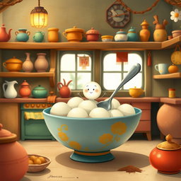 In a whimsical fairy tale kitchen, a tiny spoon character is playfully situated inside a bowl filled with yuanxiao (glutinous rice balls)