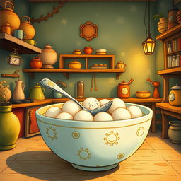 In a whimsical fairy tale kitchen, a tiny spoon character is playfully situated inside a bowl filled with yuanxiao (glutinous rice balls)