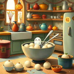 In a whimsical fairy tale kitchen, a tiny spoon character is playfully situated inside a bowl filled with yuanxiao (glutinous rice balls)