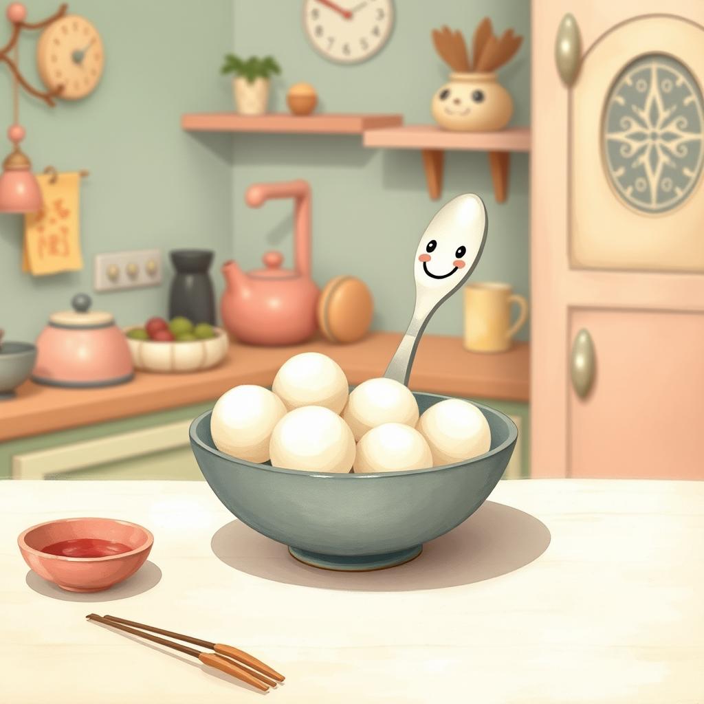 In a whimsical fairy tale kitchen adorned with soft macaron color tones, a spoon featuring a cheerful smiley face is playfully situated inside a bowl filled with yuanxiao (glutinous rice balls)